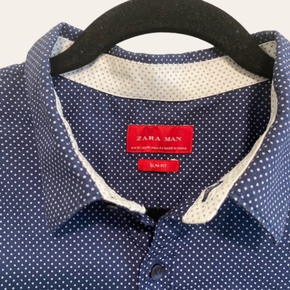 ZARA Man Swiss Dot with Collar shirt in Navy Blue Size L Slim Fit - Picture 2 of 10
